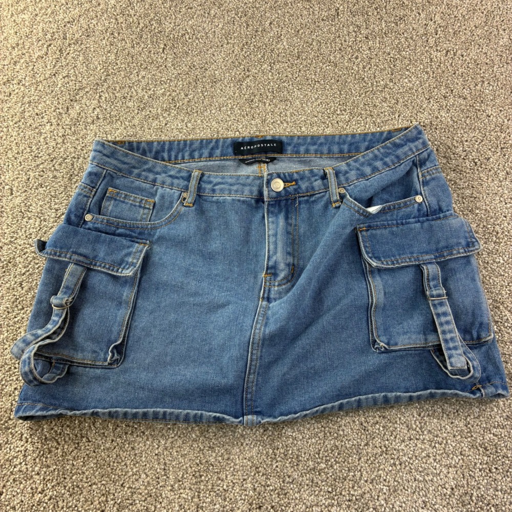 Aeropostale Cargo Mini Skirt Women L Blue Denim Y2K Utility Cotton Gorpcore